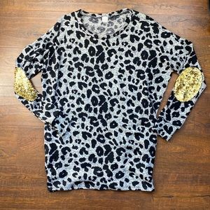 Pinkblush leopard print sweater with gold sequin elbow patches